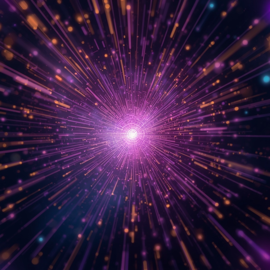 Abstract visualization of quantum AI data streams flowing through a hyperdimensional matrix in deep space tones of purple, cyan, and gold, with particle traces forming intricate geometric patterns representing machine consciousness