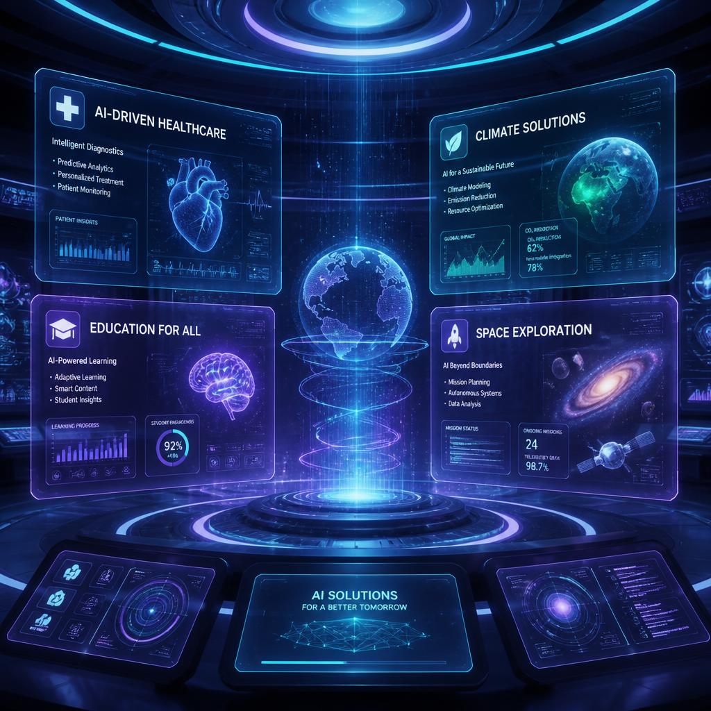 A holographic control room with floating translucent service panels displaying AI-driven solutions for healthcare, climate, education, and space exploration, illuminated in cyan and violet light, with no human figures present
