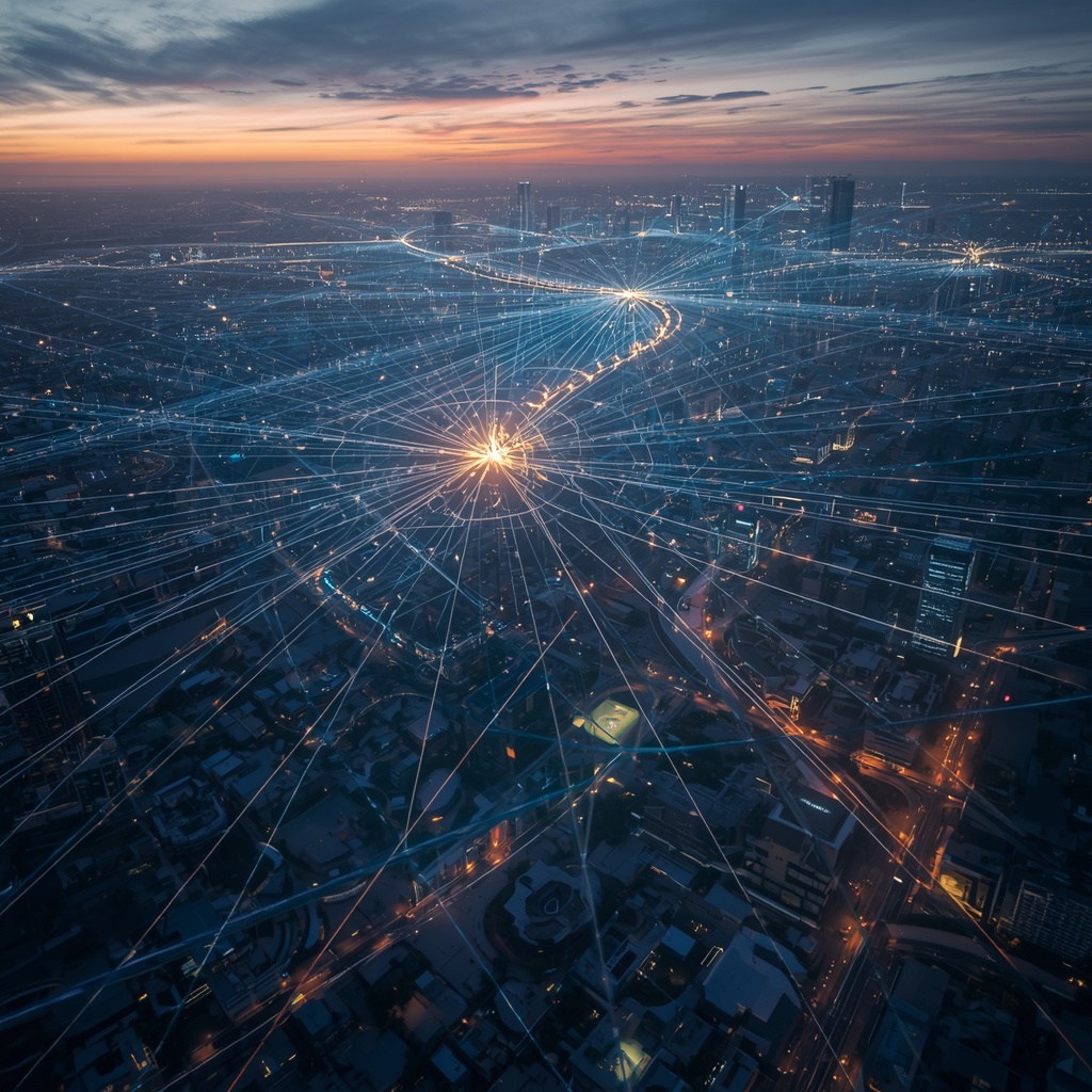 A vast luminous neural network spanning across a futuristic cityscape at twilight, with quantum nodes pulsing in deep blues and golds, holographic data streams connecting floating research platforms above a clean sustainable metropolis